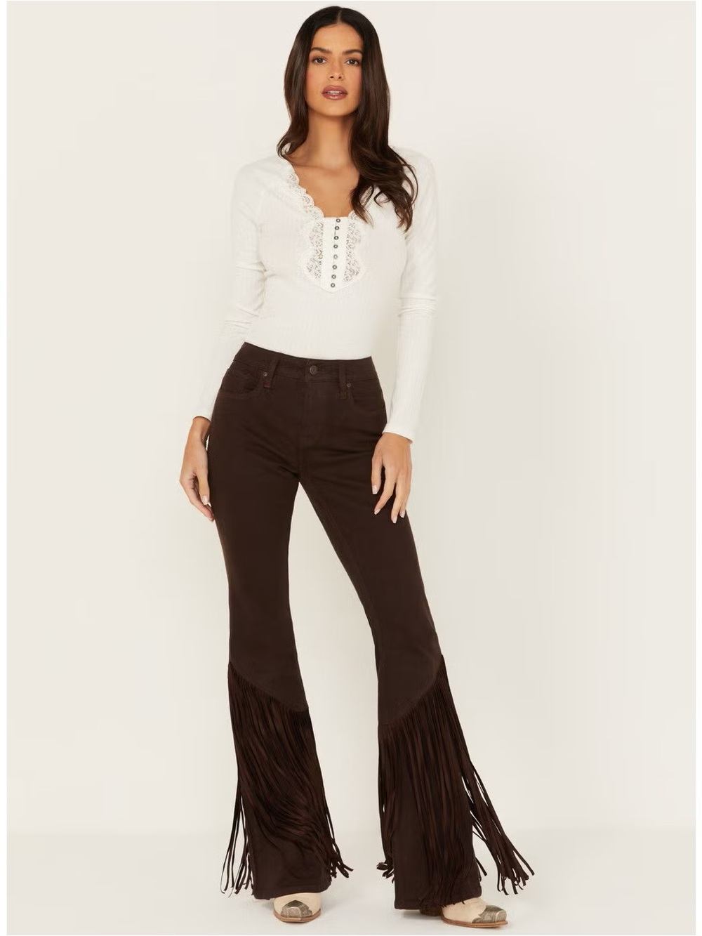 IDYLLWIND WOMEN'S COFFEE BEAN MID RISE REBEL FRINGE BOOTCUT JEANS